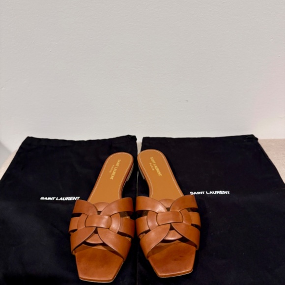 Authentic SAINT LAURENT YSL TRIBUTE AMBER BROWN LEATHER SANDALS FLATS MULES 39/8 - Picture 3 of 10